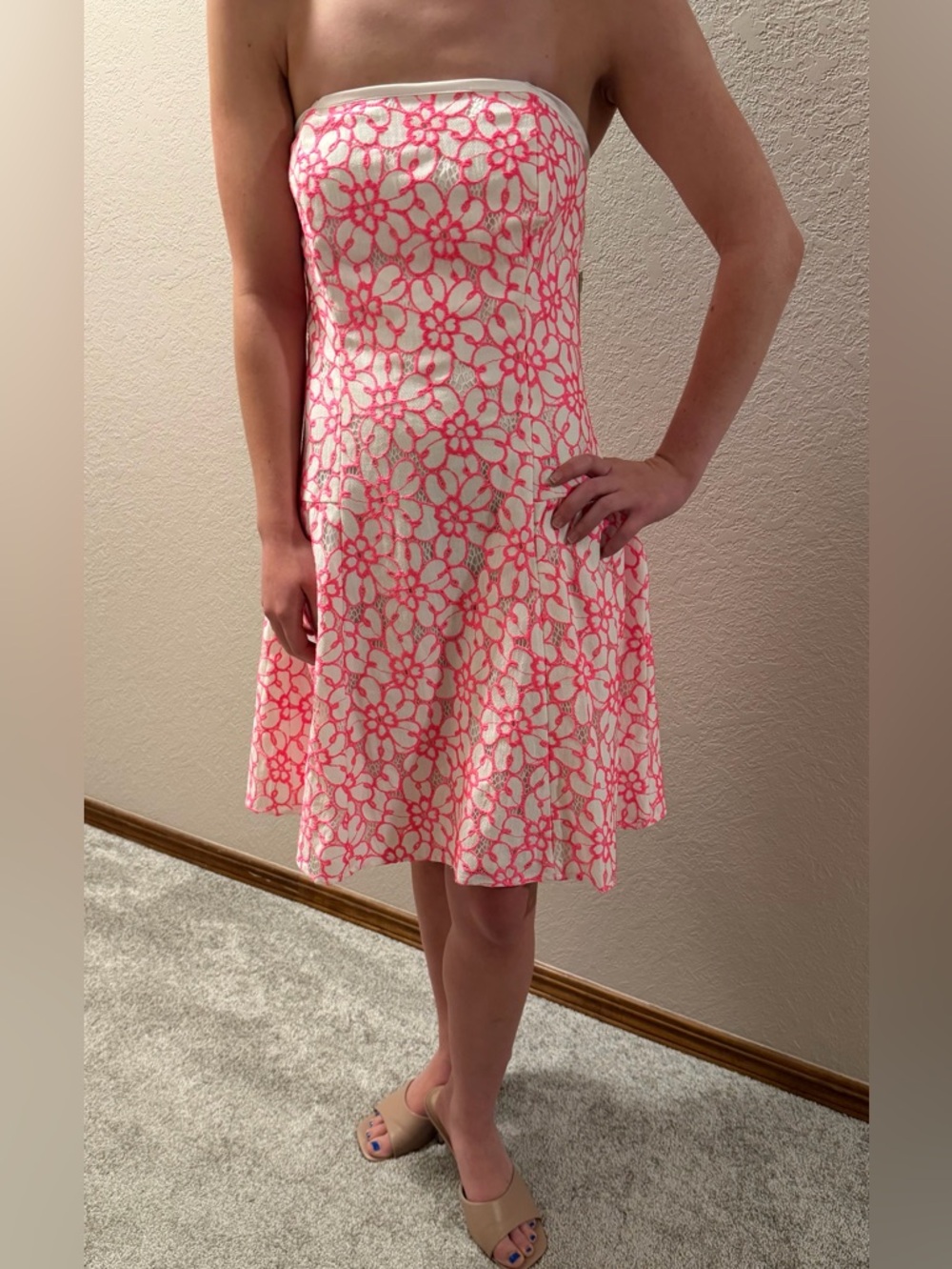 Lilly Pulitzer 6 Jordan Fiesta Pink Resort White Pique Lace Strapless Dress NWT